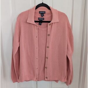 VTG Lands End Womens Sweater Set MEDIUM Preppy Button Up Cardigan Tank Cotton